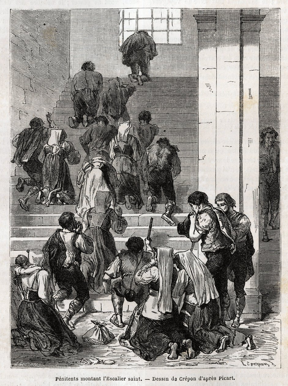 Penitentes católicos subindo a escadaria sagrada até Roma. Gravura para ilustrar a história de Ludovic Celler; a Semana Santa em Roma de Unknown artist