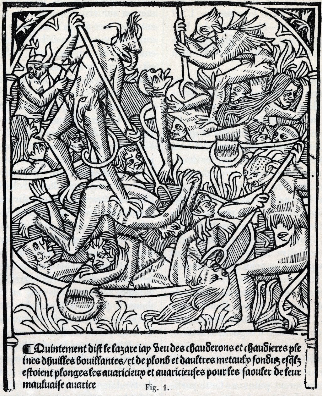 Caldeirões cheios de óleo fervente e chumbo em que os demónios mergulham os gananciosos para os embebedar com a sua má descrição da ganância de Lázaro do inferno. Fac simile du "Calendrier des Bergers" profetique almanach impresso por Claude Nourry em 1504 de Unknown artist