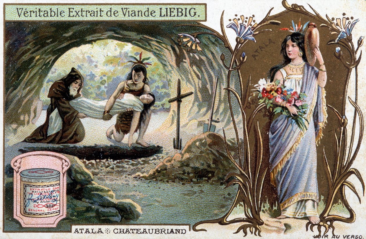 Chactas e pai Aubry enterram Atala e retrato da heroína - Cena de Atala ou Les Amours de deux sauvages dans le desert, de François Rene de Chateaubriand (1768-1848) - Cromolitografia de Liebig de Unknown artist