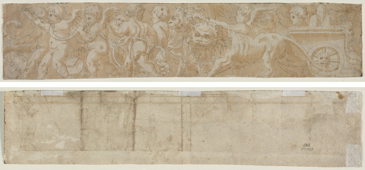 Carruagem Desenhada por Leões com Amorini (reto) Estudo Arquitetônico Parcial (verso) de Unknown artist