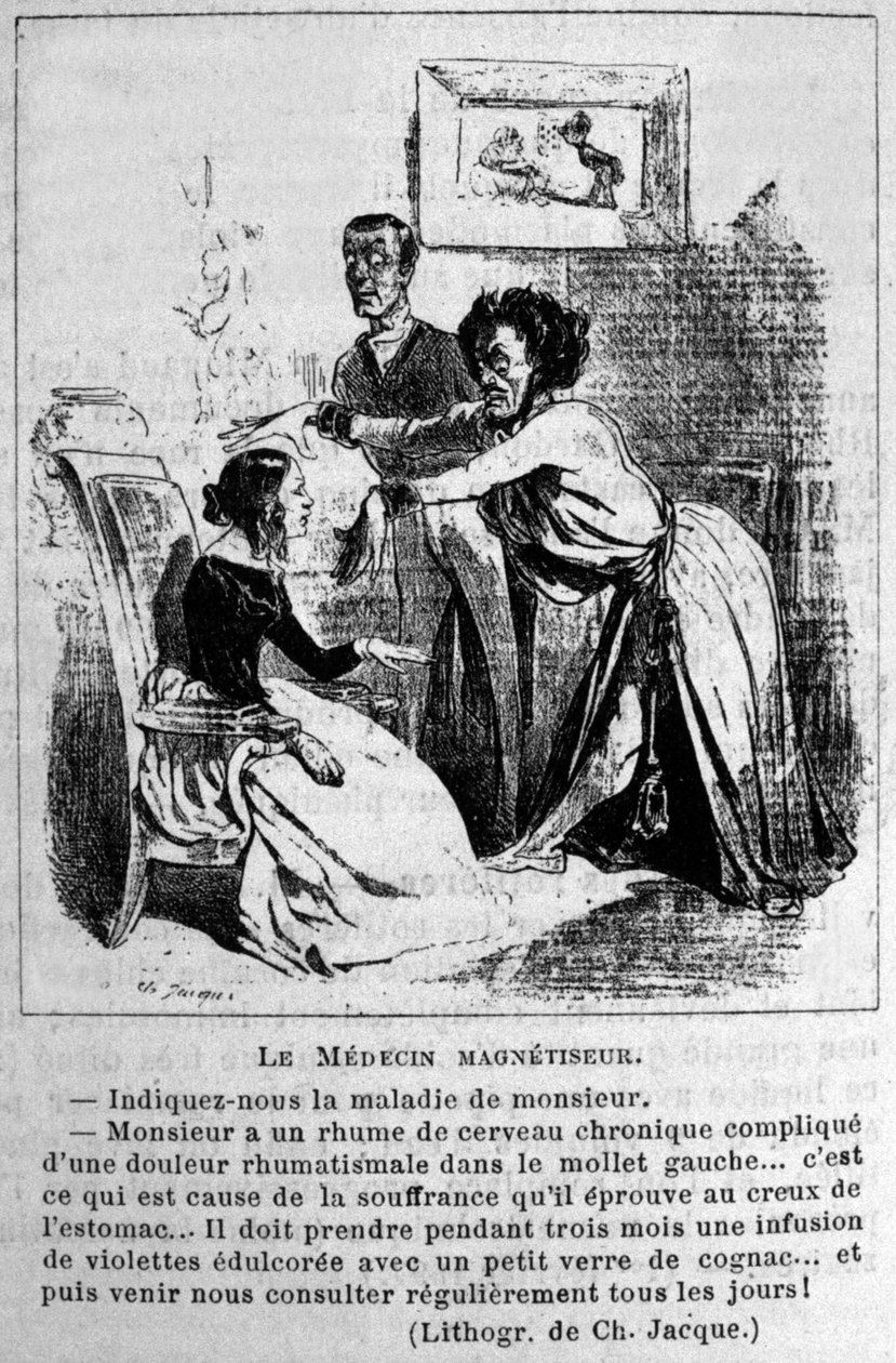 Charlatanismo: sátira sobre a consulta de magnetizadores hipnóticos para o tratamento de doenças. De uma litografia de Jacque. Século XIX de Unknown artist