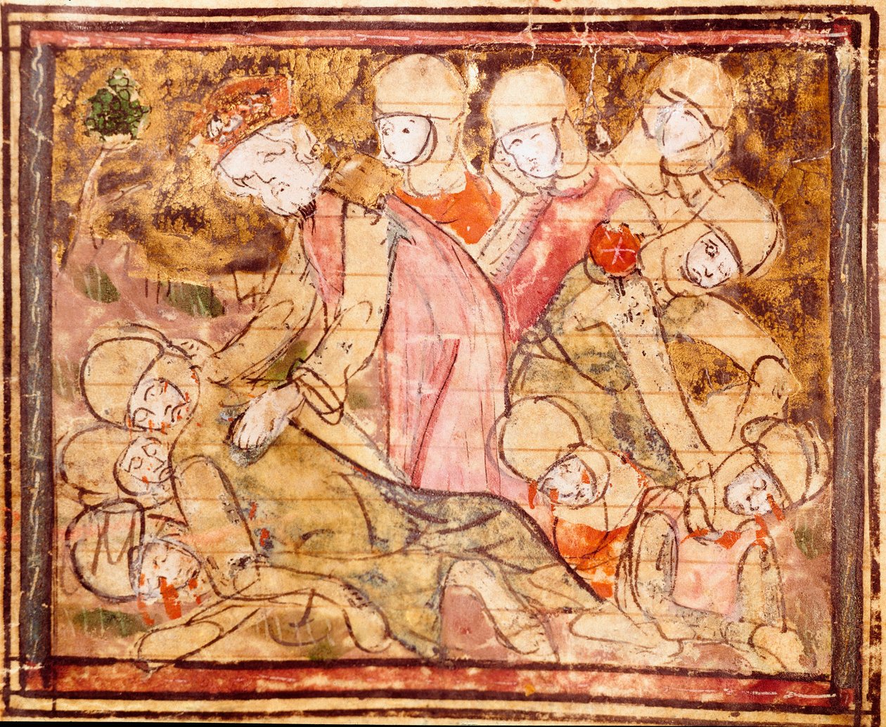 Carlos Magno (742-814) encontra o corpo de seu sobrinho Roland que morreu na Batalha de Roncesvaux Miniatura de "Grandes Crônicas da França" 1375-1379 Biblioteca Municipal, Castres de Unknown artist