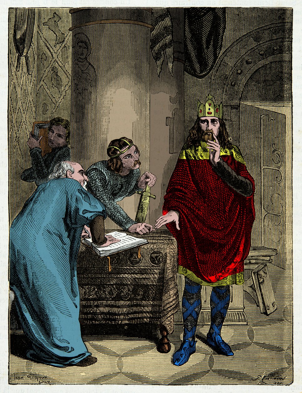 Carlos Magno ditando seus capitulares ao seu ministro Alcuin (732-804), Gravando o século 19 de Unknown artist