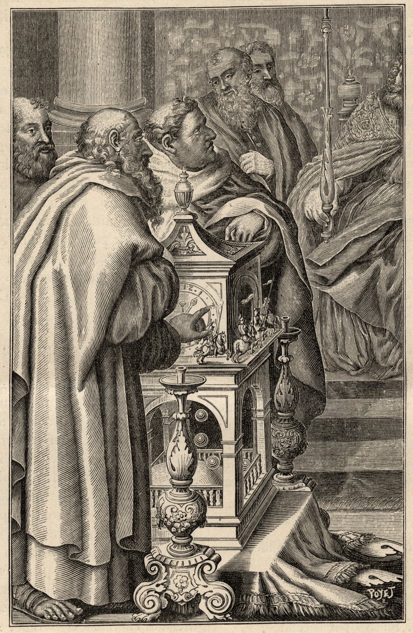 Carlos Magno recebendo o presente de um clepsydra (relógio de água) de Harun al-Rashid - Em 797 o califa de Bagdá, Haroun ar-Rachid (765-809) oferece a Carlos Magno um clepsydra (relógio de água, medição do tempo) emblemático do know-how tecnológico do civ de Unknown artist