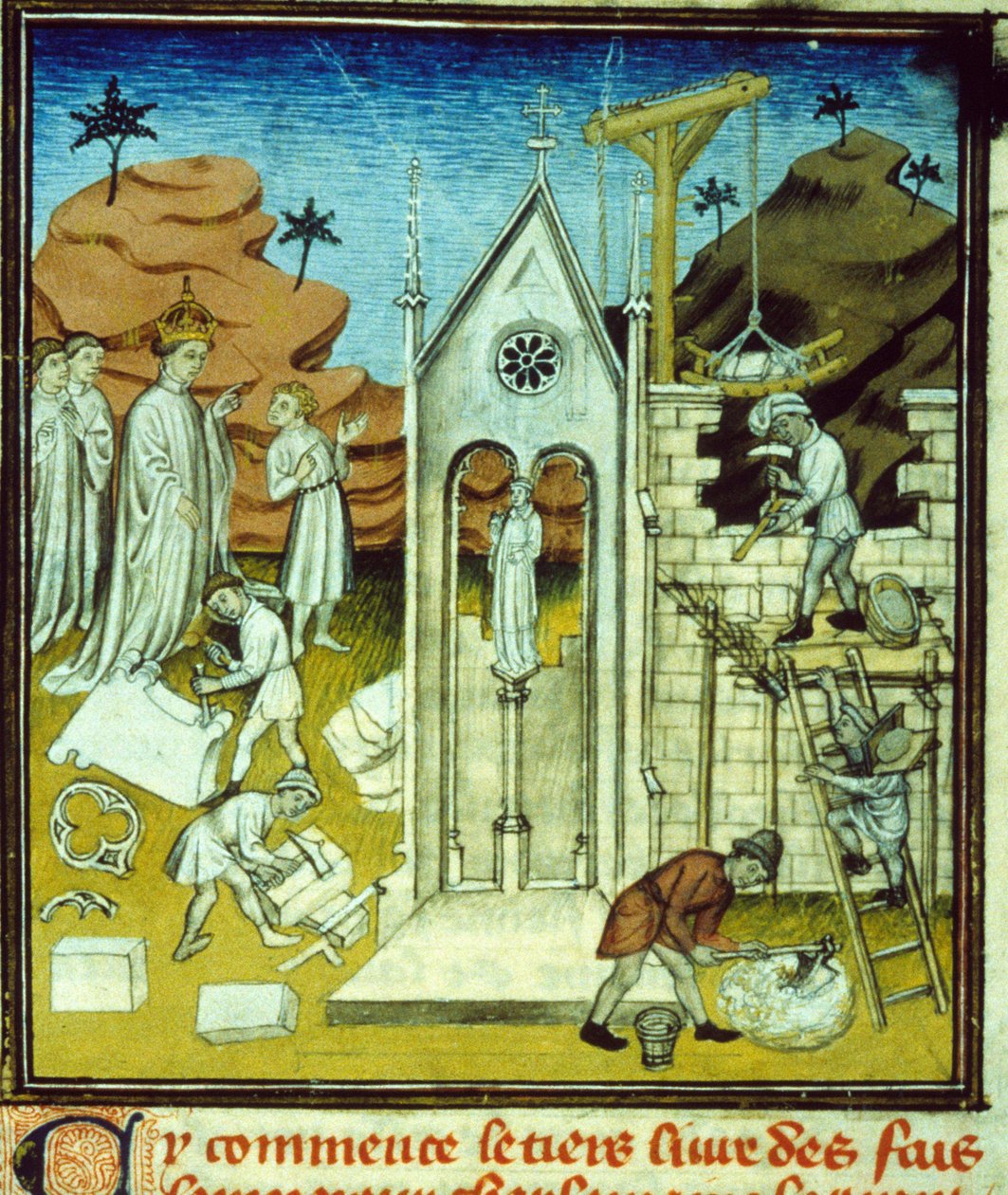 Visita de Carlos Magno ao local de construção de uma catedral - Iluminação de manuscrito sobre velino da Idade Média "Grandes Crônicas de Saint-Denis" fins do século XIV (ref. 512, 096r) Pedido de permissão para a Biblioteca Municipal de Toulouse (tel: 05  de Unknown artist