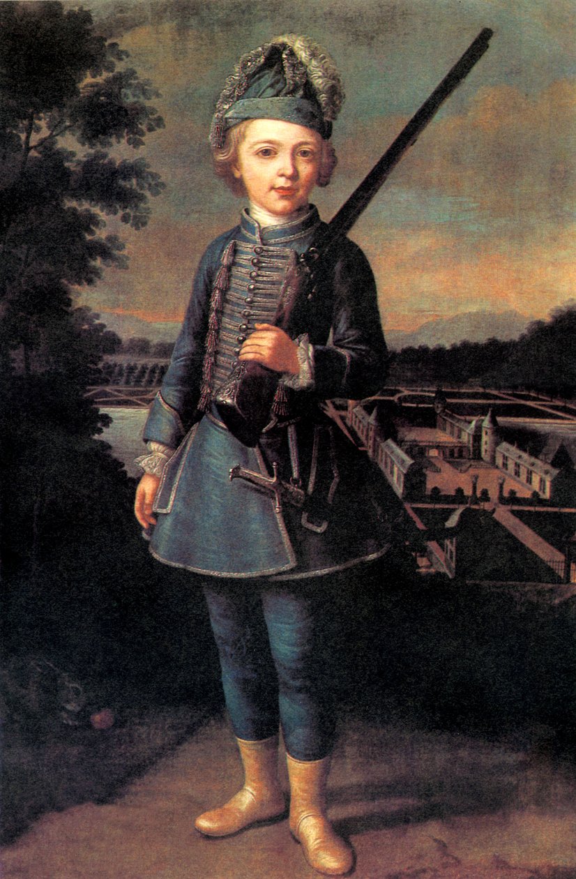 Charles-Joseph de Ligne com cerca de 10 anos de idade, num uniforme de fantasia, em frente ao castelo de Beloeil de Unknown artist