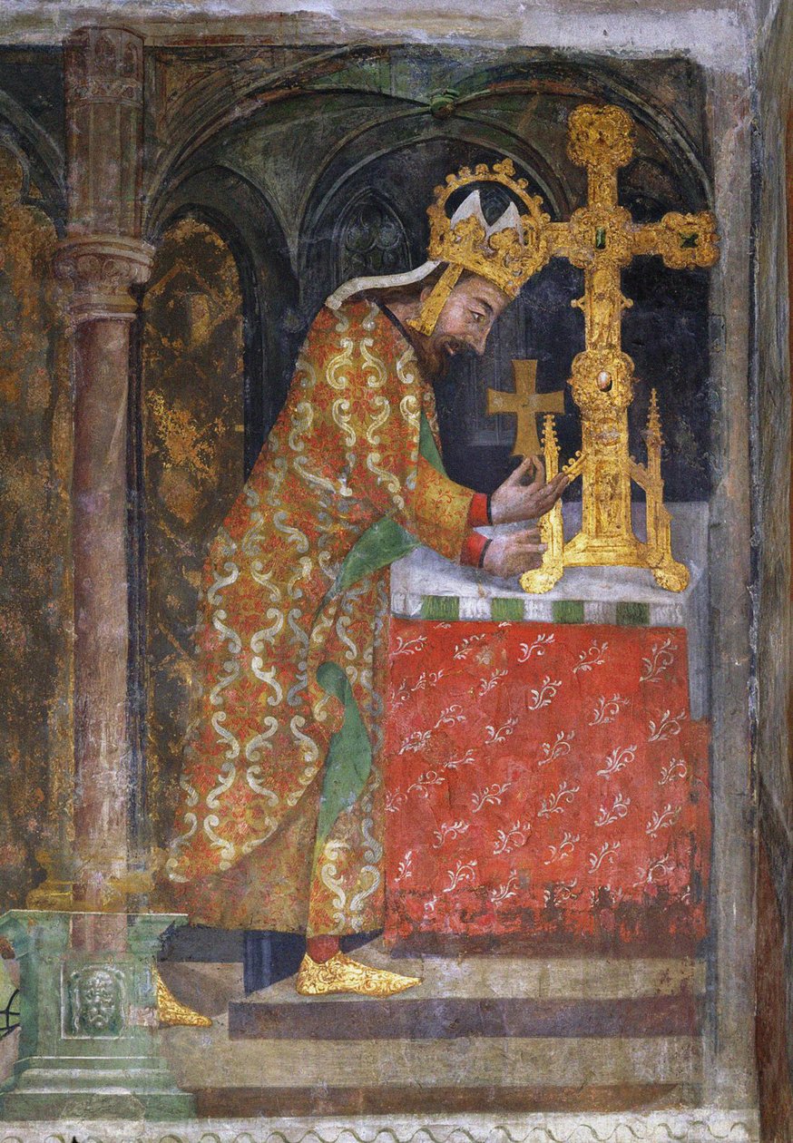 Carlos IV de Luxemburgo (1316-1378), Imperador dos Romanos, coloca um fragmento da Santa Cruz num relicário - Carlos IV coloca uma lasca da Santa Cruz num relicário - Anónimo. Fresco, c. 1360, Galeria Nacional, Praga de Unknown artist
