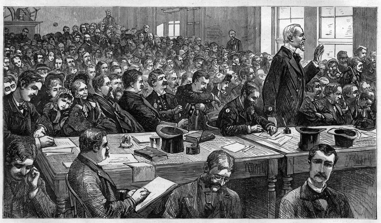 Charles Julius Guiteau (1841-1882), assassino do presidente dos EUA James Abram Garfield (1831-1881), durante julgamento em 1881, Estados Unidos de Unknown artist