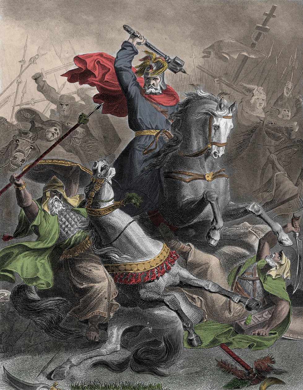 Charles Martel (690-741) conduzindo os Francos à batalha contra a invasão árabe em Tours (França), 732 (Batalha de Poitiers) - Gravura colorida do século XIX - Charles Martel conduzindo os Francos contra os invasores árabes em Tours, França, 732 d.C. - de Unknown artist