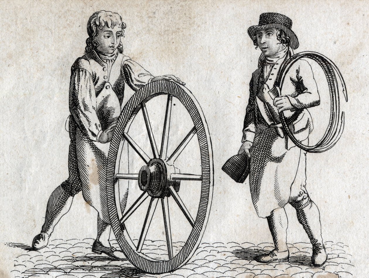 Charron com roda de carroça e aprendiz Engraving final do século XVIII. de Unknown artist