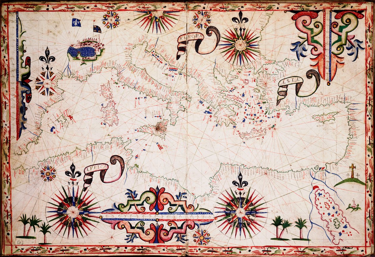 Carta dos mares Mediterrâneo, Negro e Cáspio, c.1620 (manuscrito) de Unknown artist