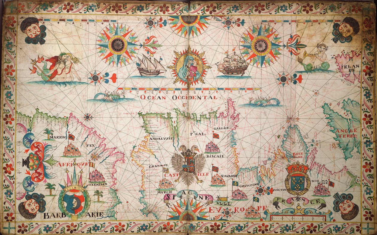 Carta do Atlântico nordeste, da Irlanda a Cabo Verde, c.1600 (manuscrito) de Unknown artist