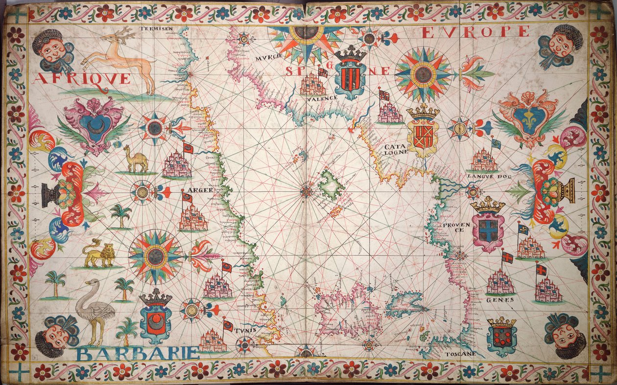 Carta do Mediterrâneo ocidental, c.1600 (manuscrito) de Unknown artist