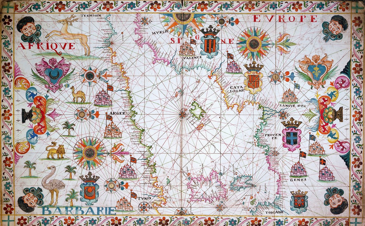 Carta do Mediterrâneo ocidental com as costas norte-africanas e espanholas de Unknown artist