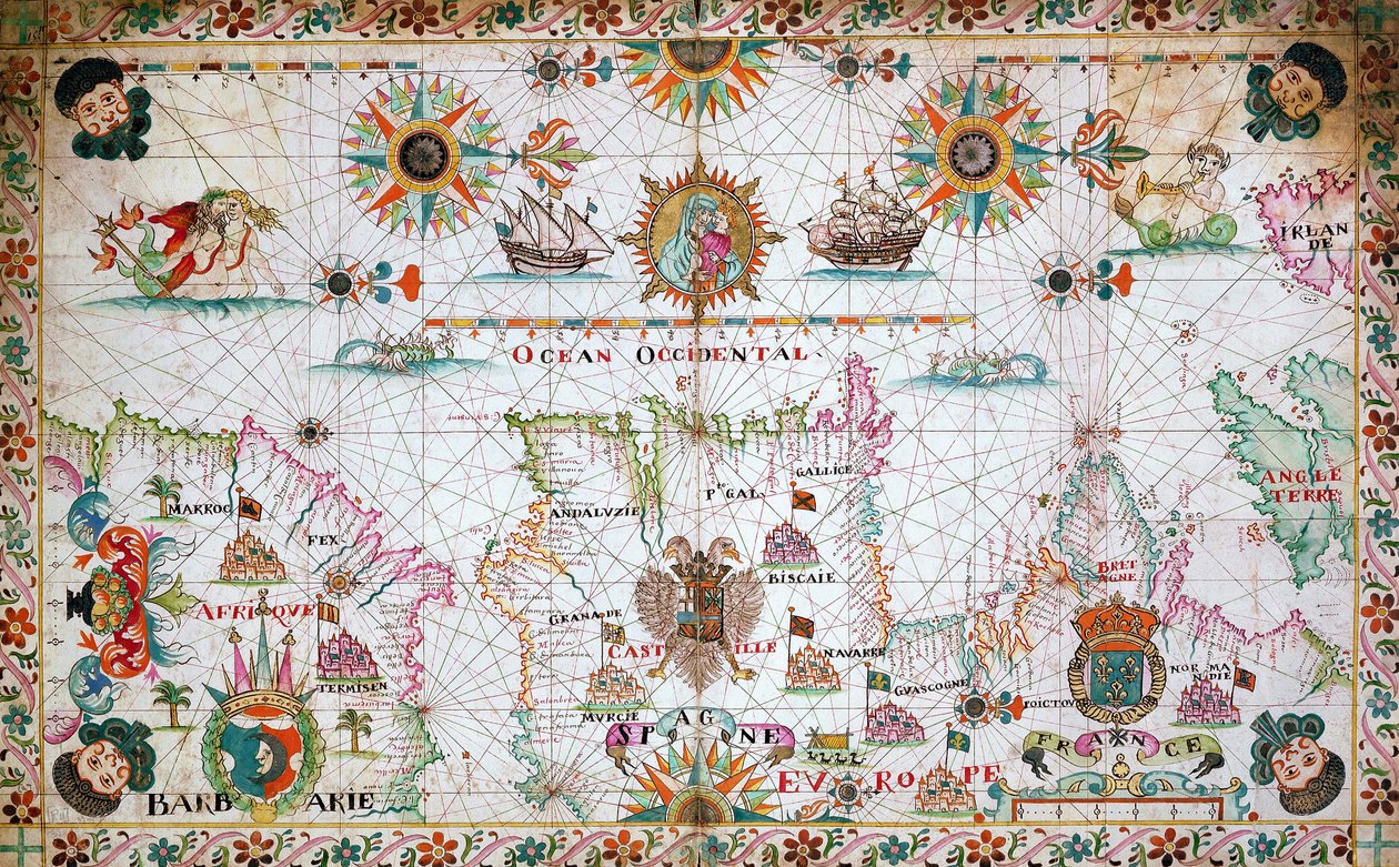 Carta do Mediterrâneo ocidental mostrando as costas norte-africanas e espanholas, e o Atlântico de Unknown artist