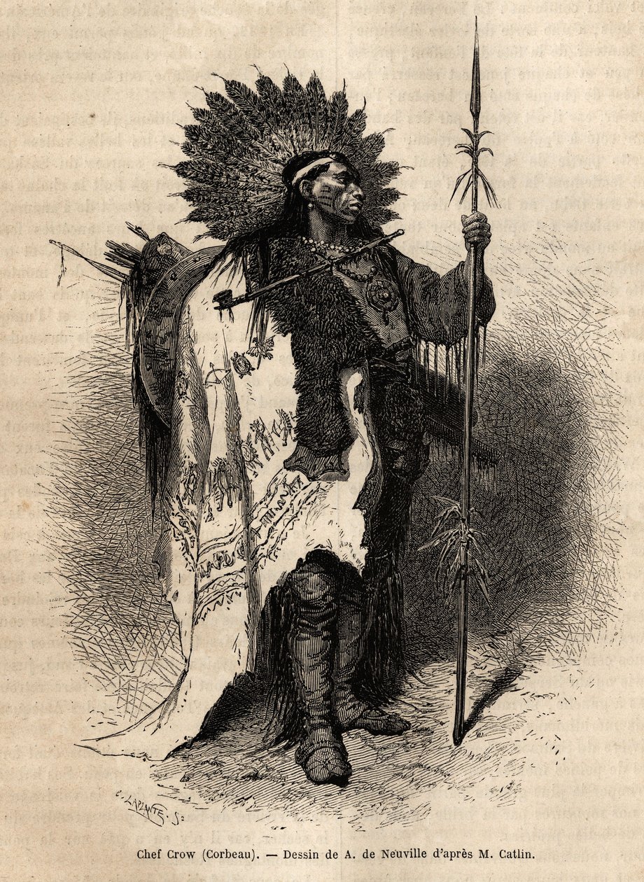Chefe Yellow Moccassin, da tribo indígena Crow, que vive ao longo do rio Lewis. Gravura para ilustrar uma excursão entre as tribos indígenas das bacias da Colômbia e do Alto Missouri, de G. Catlin, em 1855, publicada em "le tour du monde", sob o de Unknown artist