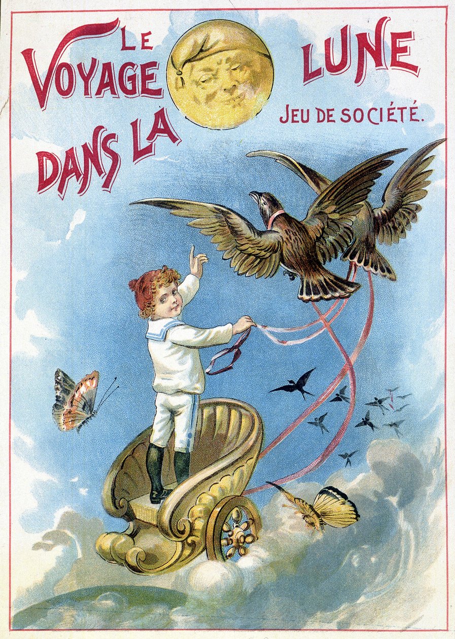 Criança levada em uma carruagem puxada por pássaros em direção à lua: "A Viagem na Lua" - caixa de caça, n.d. século XIX. de Unknown artist