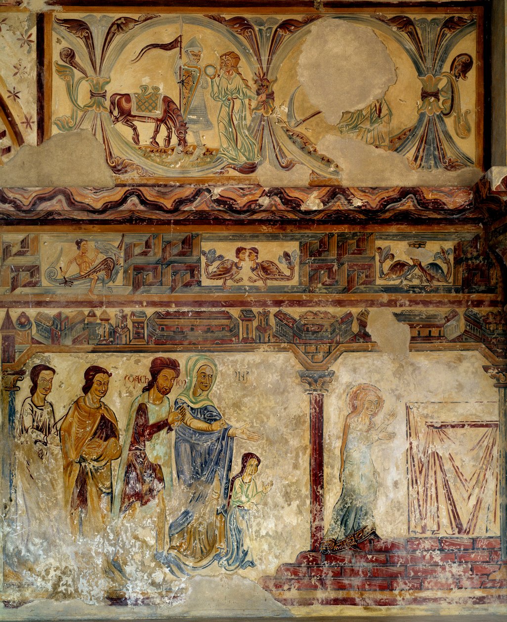Infância da Virgem Depois dos afrescos dos séculos XII e XIII da igreja do velho Pouzauges em Vendee. de Unknown artist