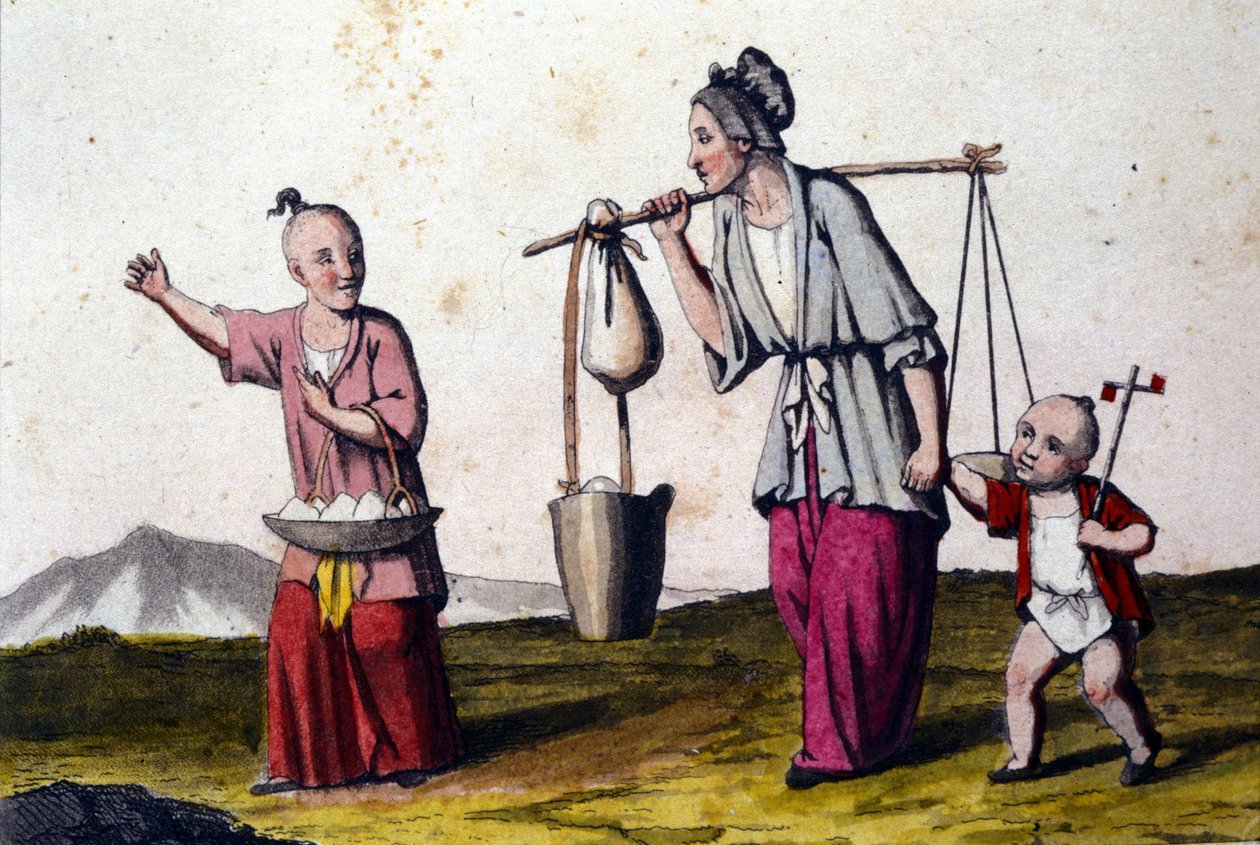 China. Uma mulher carregando água acompanhada por 2 crianças, a grande carregando uma cesta de arroz. Estampas do século XIX. de Unknown artist