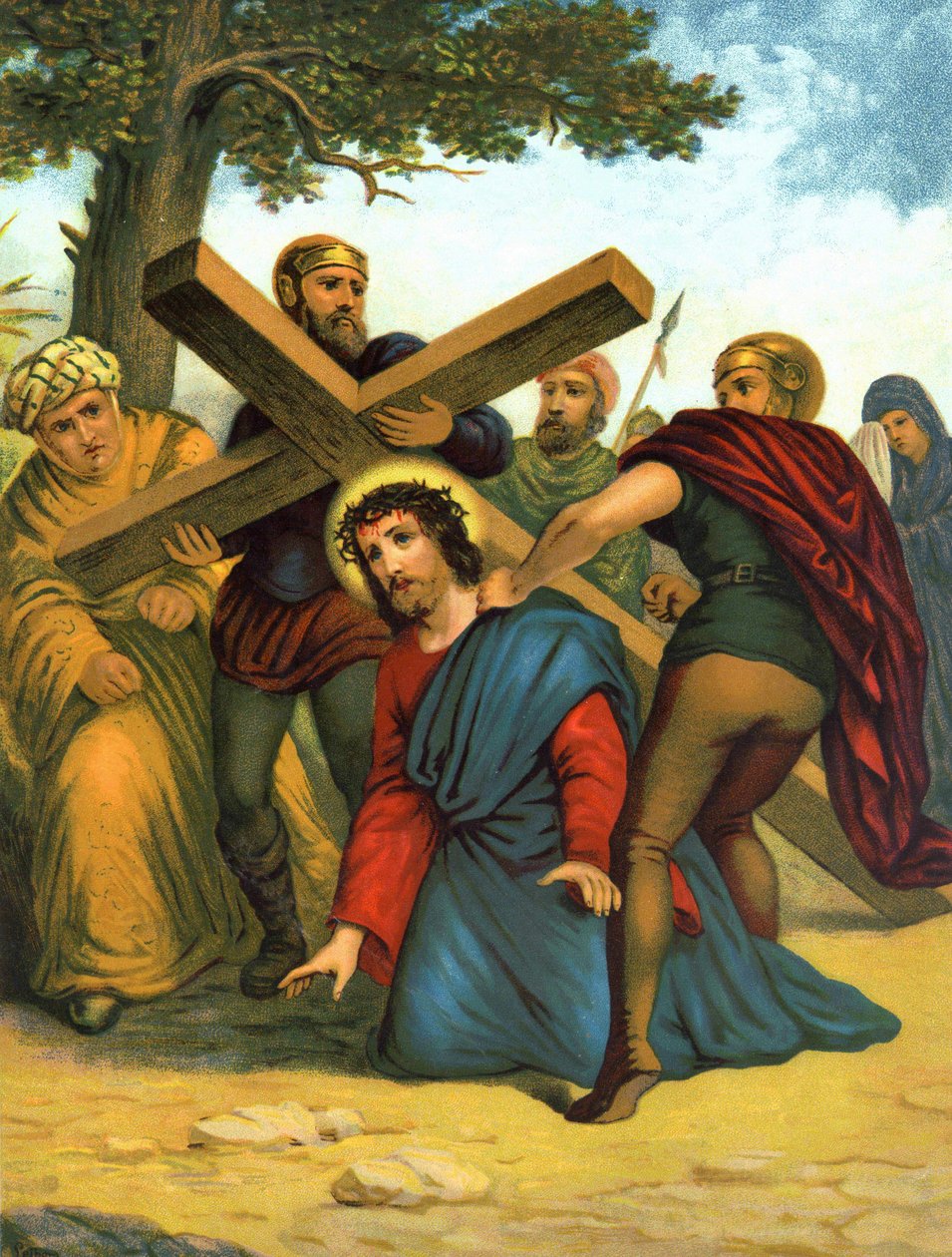 Cromolitografia do final do século XIX, retratando a vida de Cristo: Jesus cai primeiro debaixo da cruz. de Unknown artist