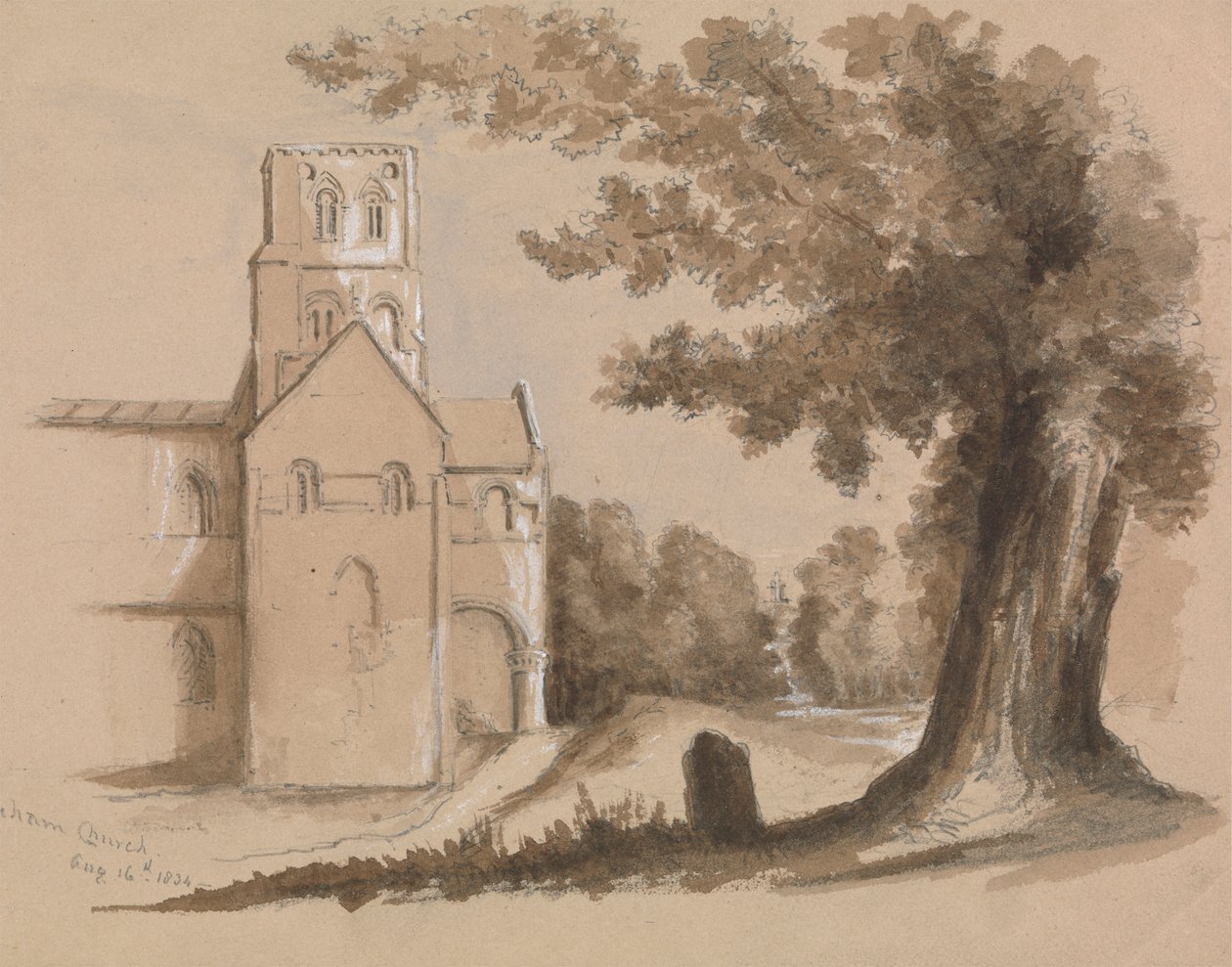Igreja com Árvore e Tombstone em Primeiro Plano de Unknown artist
