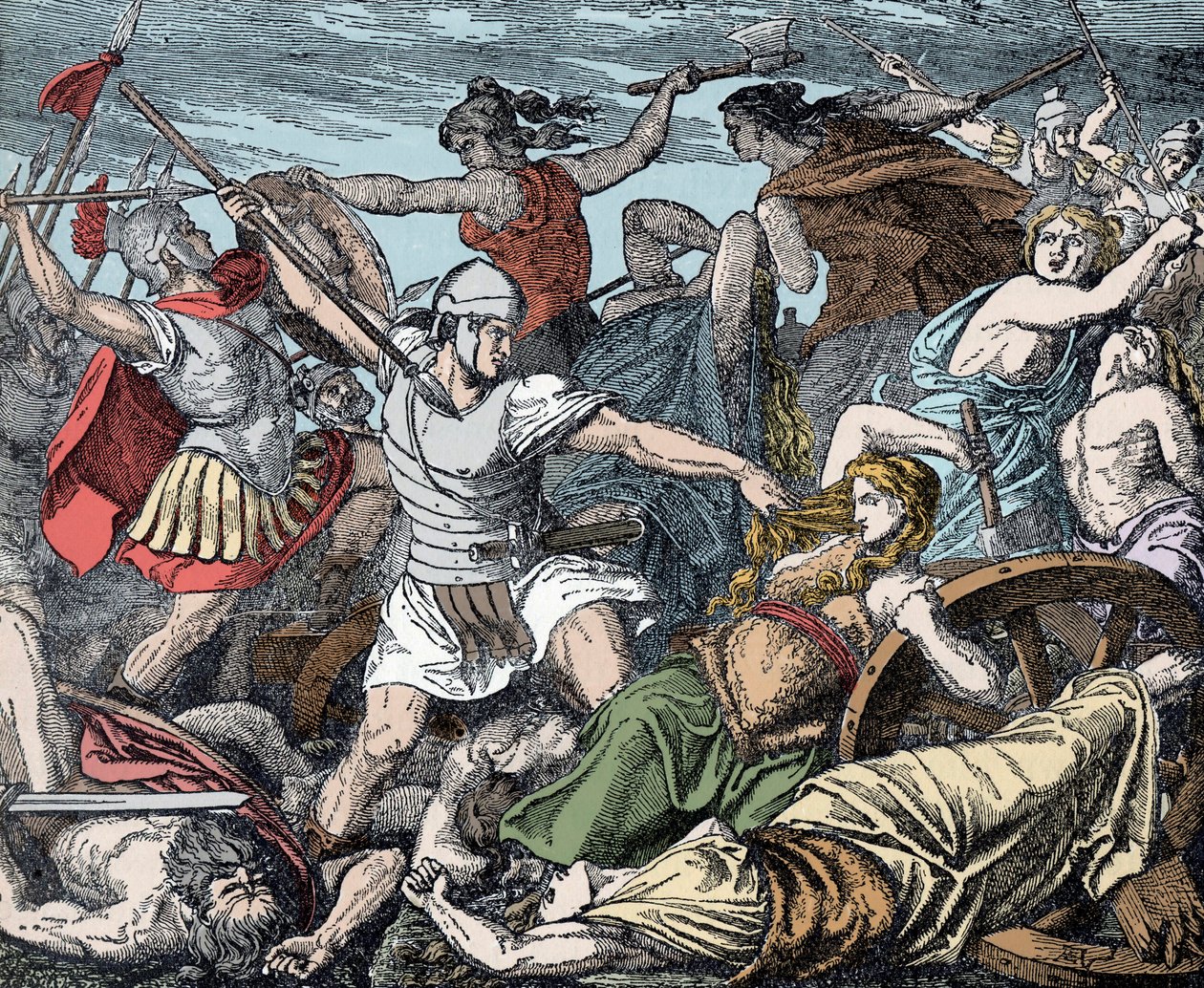 Mulheres Cimbres defendem o seu forte - Antiquite romana, Guerra de Cimbres: o sacrifício das mulheres Cimbres contra os soldados romanos de Unknown artist