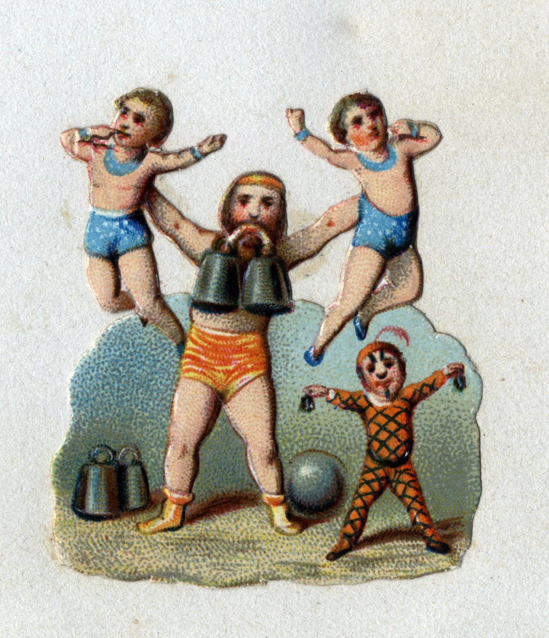 Circo: um alterofilo levanta dois homens à distância de um braço enquanto segura um peso entre os dentes para demonstrar o que seus músculos podem fazer. Cromolitografia por volta de 1890. de Unknown artist