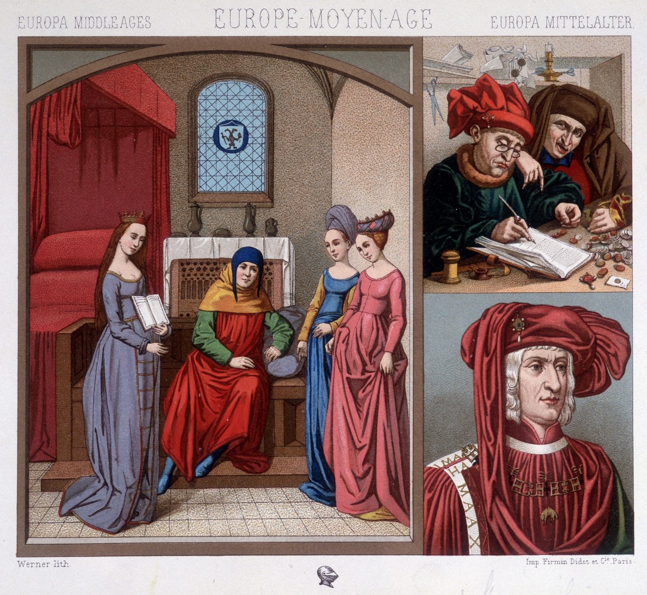 Fantasias civis na Idade Média no século XV. Em cima à direita: casas de câmbio em Antuérpia. Baixa à direita: retrato de Maximiliano da Áustria (1459-1519) depois de Quentin Metzys. Em "O traje histórico" de A. Raquet de Unknown artist