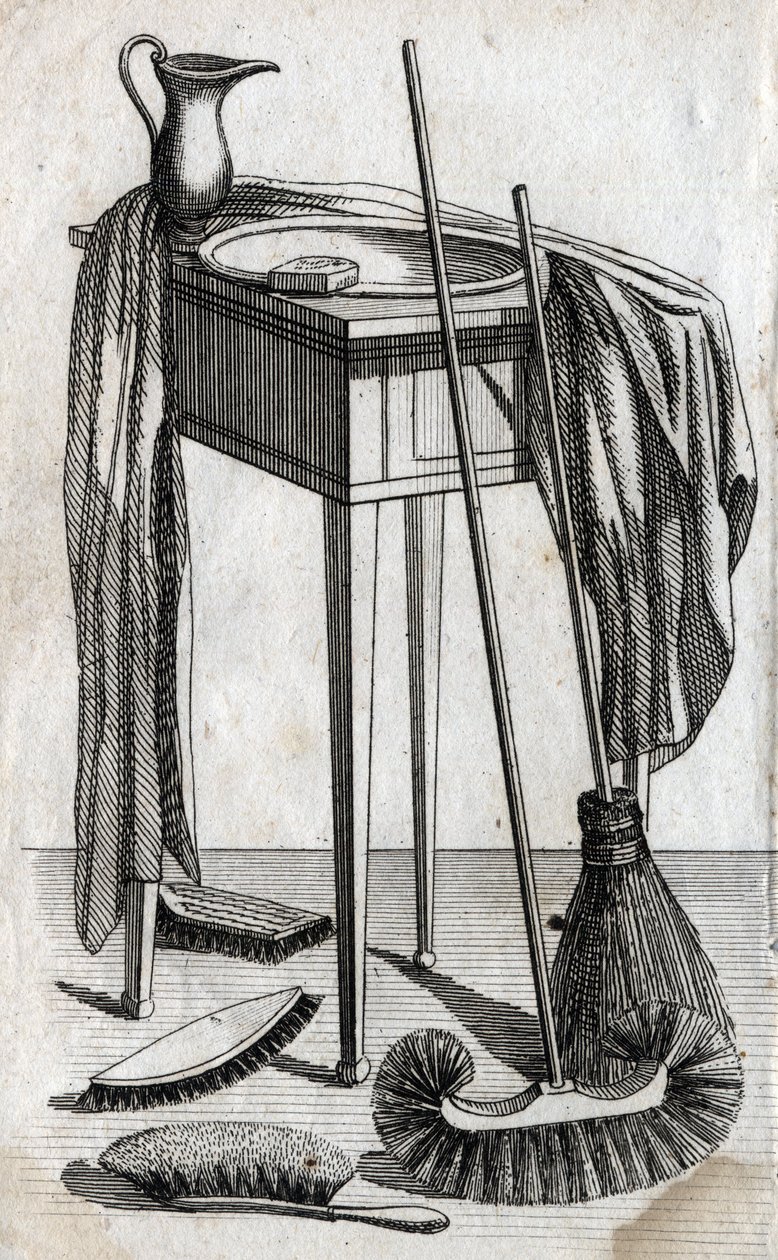 Acessórios de limpeza e limpeza: sabão, lavatório, vassoura e escovas. Gravura de final do século XVIII. Colecção privada. de Unknown artist