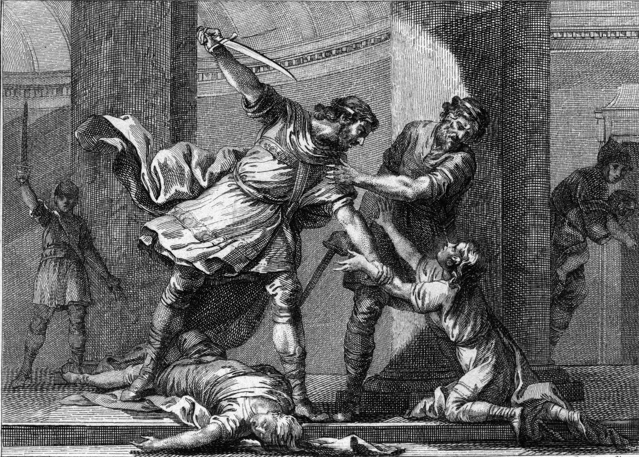 Clotaire (Clothaire) I (v.497-561) e Childebert I, os reis francos, assassinaram dois filhos do seu irmão Clodomir (495-524). Gravura do século XVIII. de Unknown artist