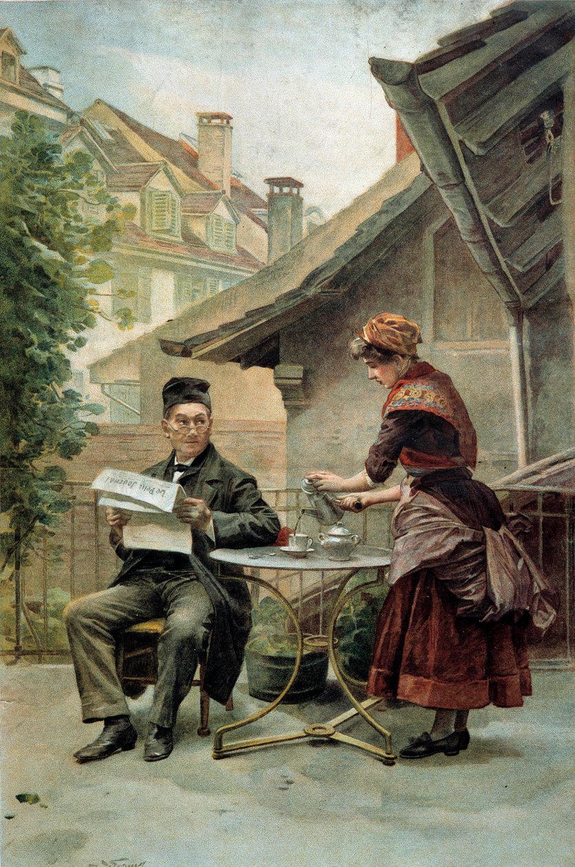 Hora do café: um homem velho sentado à mesa e lendo o "jornalzinho" é servido por um criado. A aguarela do século XIX. Paris, Artes Decorativas de Unknown artist