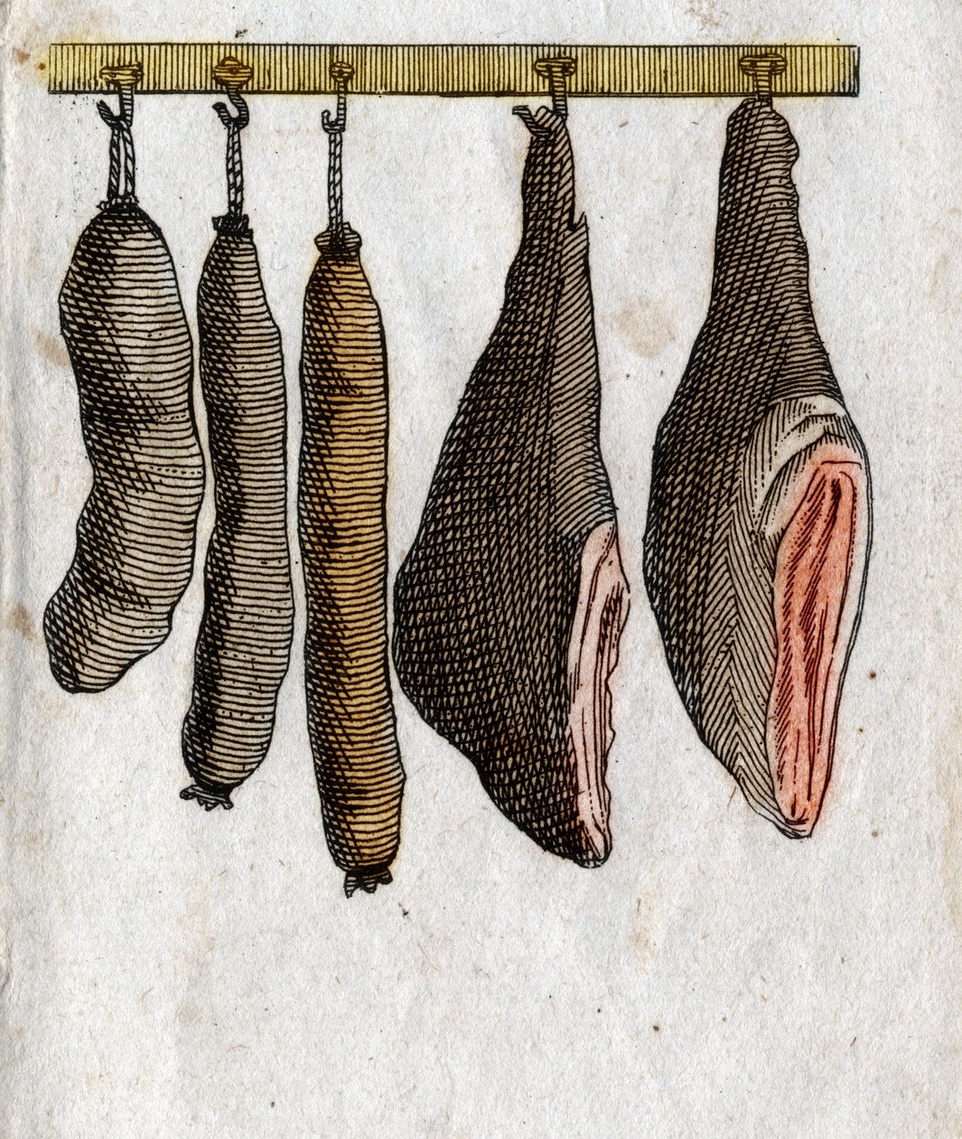 Cortes frios: Anzóis de carne fria com presunto e salsicha suspensa. Gravura de fim do século XVIII. Colecção privada. de Unknown artist