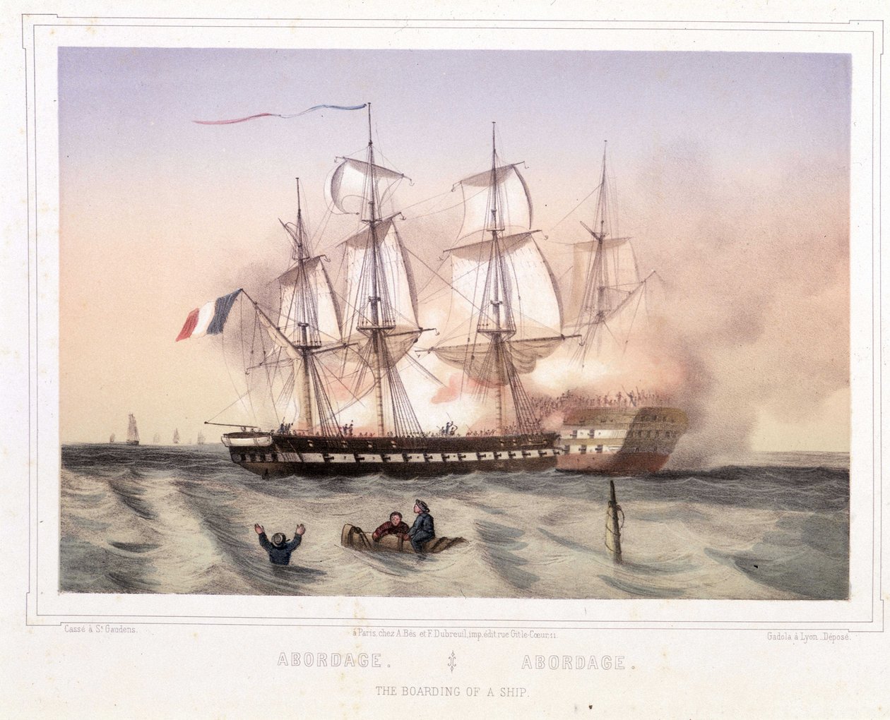 Colisão de um navio na bandeira francesa por piratas - litografia de Unknown artist