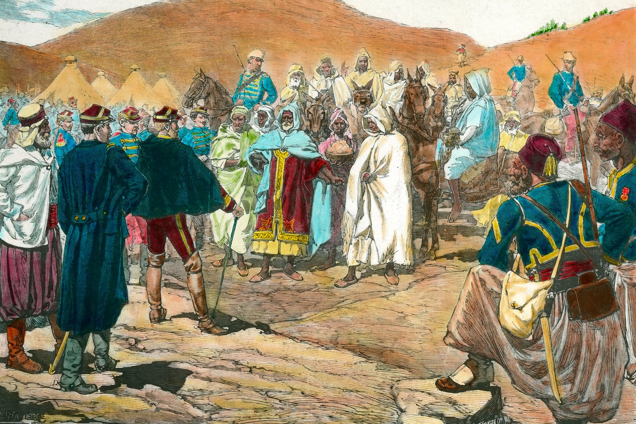 Colonialismo: Os líderes tribais tunisinos vêm ao parlamento. Gravura da Coleção Privada do século XIX de Unknown artist