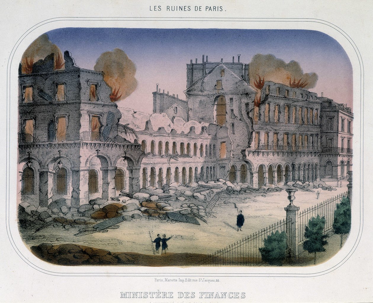 Commune de Paris: Incêndio no Ministério das Finanças (na época das Tuileries) a 24 de Maio de 1871. Gravura do século XIX. de Unknown artist