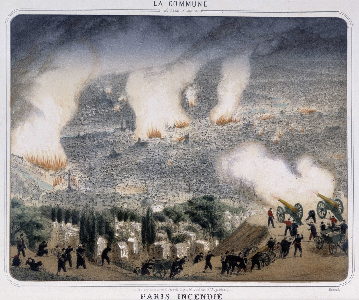 Comuna de Paris: Incêndio de Paris. Comunas a disparar canhões em direcção a Paris. 1871. de Unknown artist