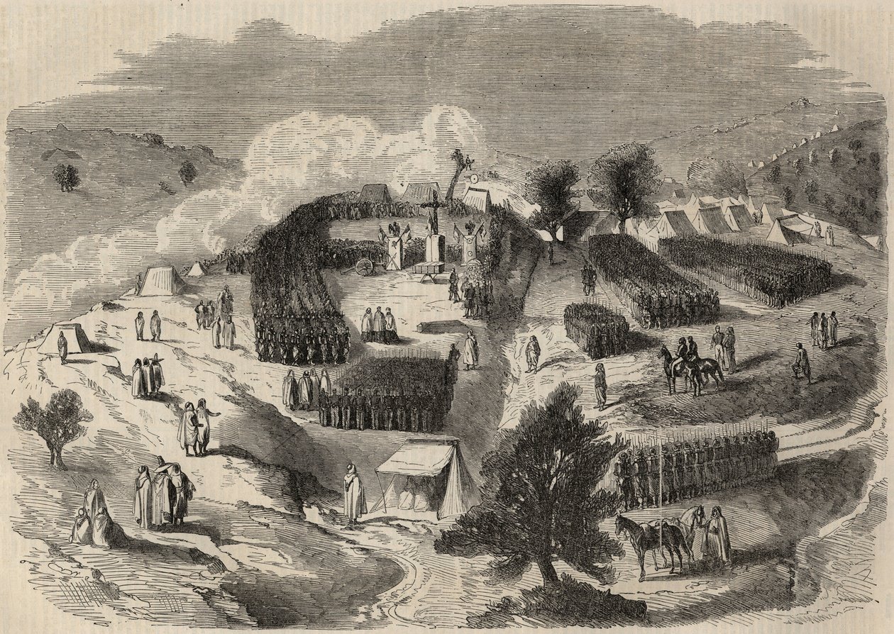 Conquete de Algerie: expedição à Grande Kabylia, em 1857, colocando a primeira pedra do Forte Napoleão em Souk-el-Arba (Souk el Arba). Gravura em "Le Monde illustrious" de 1857. Coleção particular. de Unknown artist