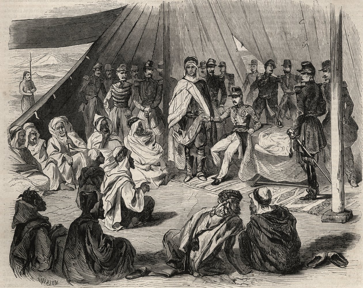 Conquete da Argélia: expedição à Grande Kabylia em 1857. Submissão da tribo Kabyle de Beni-Raten (Beni Raten) pelo exército francês. Gravação no "Le Monde ilustre" de 1857. Coleção privada. de Unknown artist