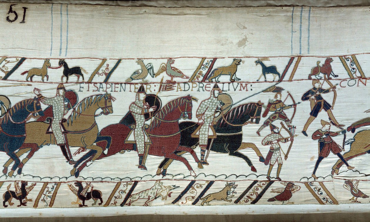 Conquete da Inglaterra pelo Duque da Normandia Guilherme o Conquistador (1027-1087) em 1066: o início da Batalha de Hastings Detalhe da Tapeçaria Bayeux ou Bordado da Rainha Mathilde de Unknown artist