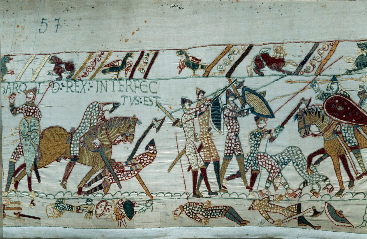 Conquete da Inglaterra pelo Duque da Normandia Guilherme o Conquistador (1027-1087) em 1066: a morte do Rei Harold II por uma seta no olho na Batalha de Hastings Detalhe da Tapeçaria de Bayeux ou Bordado da Rainha Mathilde de Unknown artist
