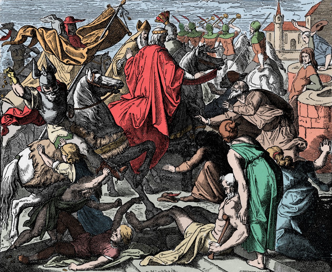 Conrado I, o Mais Jovem, que se encaminha para a Coroação - Conrado I da Germânia (falecido em 918) foi coroado rei da França Ocidental em 911 - Corte de madeira por Carl Ferdinand Obermann (1823-1910), de Unknown artist