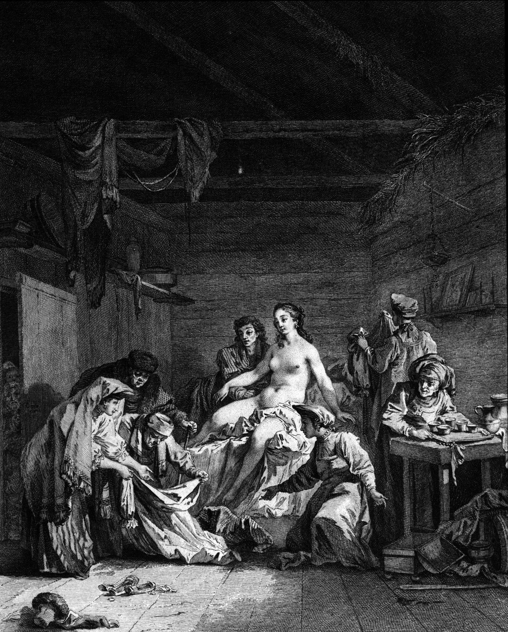 Controle da depenagem (desfloração) após o casamento de uma virgem na Rússia. Gravura do século XVIII de Unknown artist