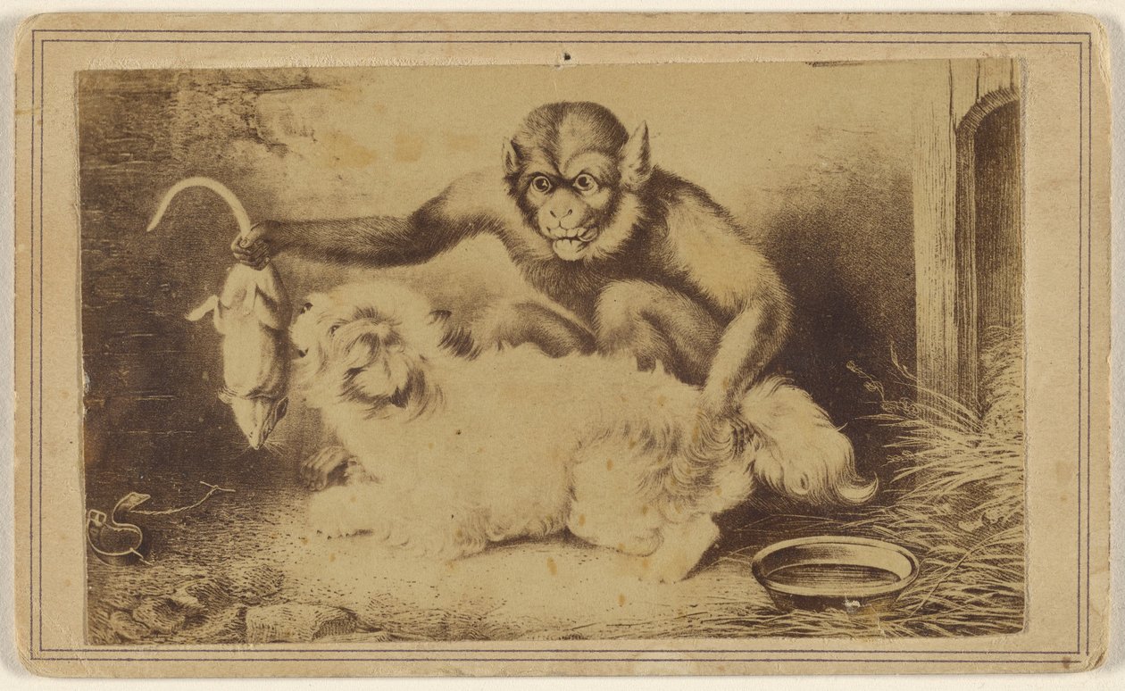 [Cópia de uma pintura que representa um macaco a segurar um rato pela cauda em frente de um pequeno cão branco] de Unknown artist