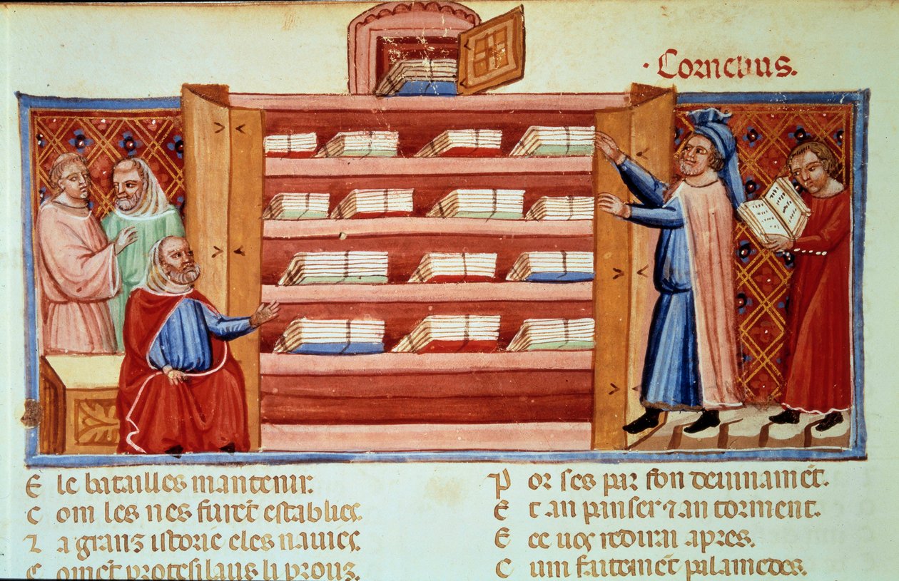 Cornelius Nepos, biógrafo romano (100-v.25 a.C.), descobre em um armário a História de Tróia dos Desafios Frígio. Miniatura em "Le Roman de Troie" (Folio 2v) de Benoit de Sainte-Maure (século XII) de Unknown artist