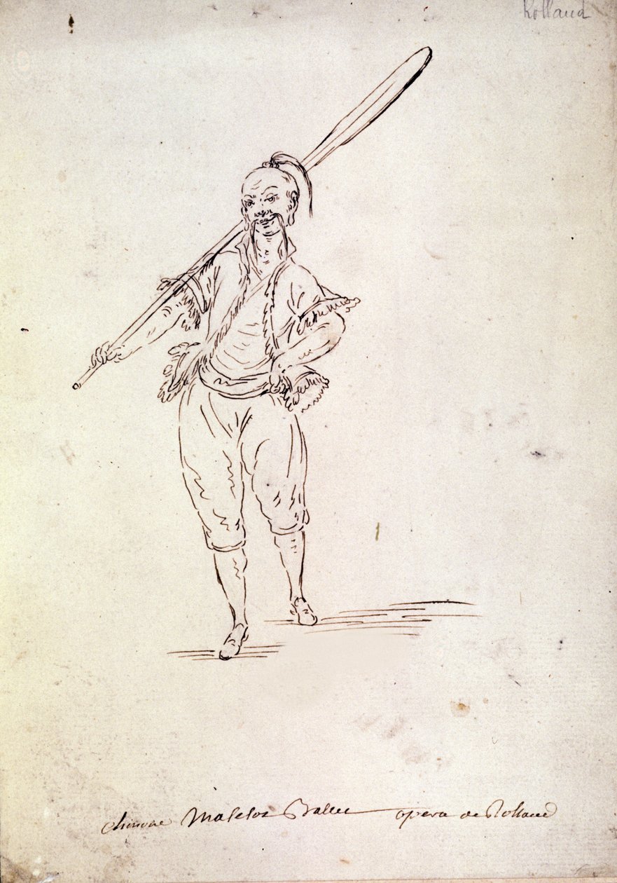 Figurino para o personagem de Roland na ópera homônima do compositor Niccolo Vito Piccinni (ou Piccini) (1728-1800) após um libreto de Jean Francois Marmontel (1778). Desenho do final do século XVIII de Unknown artist