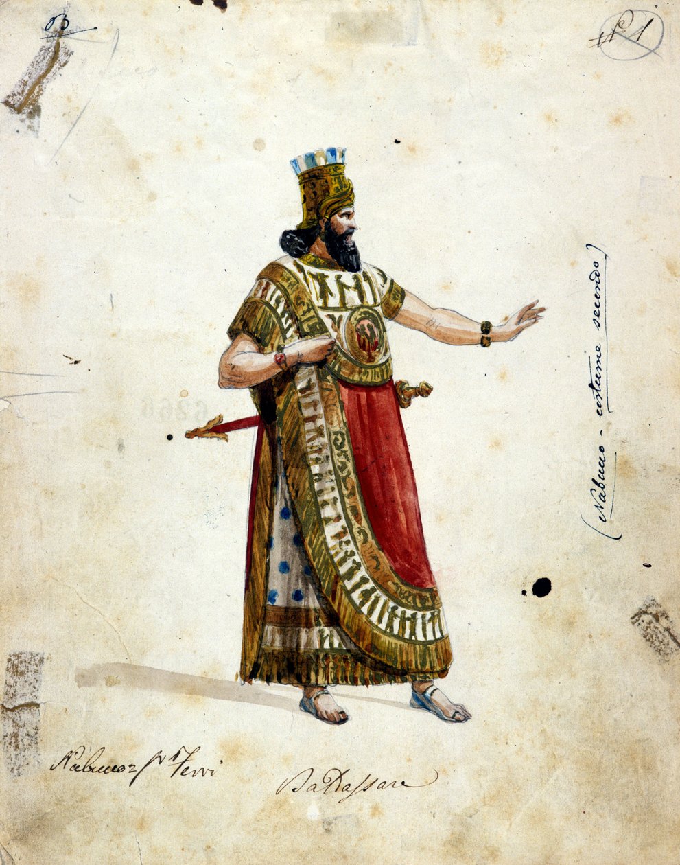 Traje de Nabucodonosor, rei da Babilônia, na ópera de Giuseppe Verdi (1813 - 1901), "Nabucco" primeiro chamado "Nabucodonosor". Musée de la Scala de Unknown artist