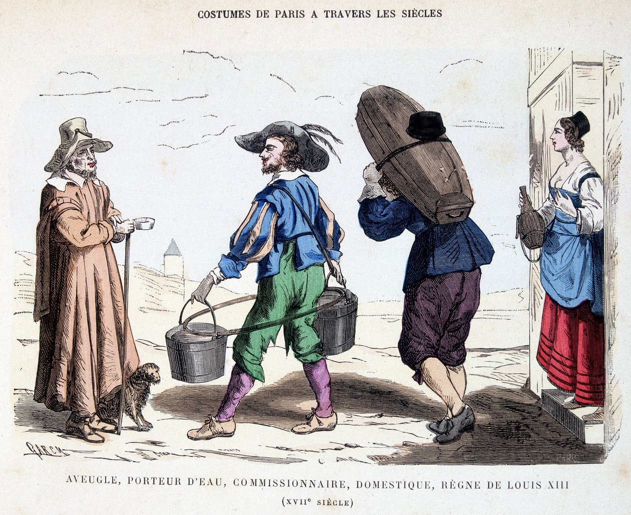 Traje de cego, carregador de água, comissário, criado no século XVII, durante o reinado de Luís XIII. Em trajes de Paris ao longo dos séculos. de Unknown artist