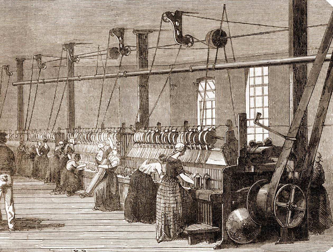 Oficina de tecelagem de algodão. Gravura de 1860. de Unknown artist