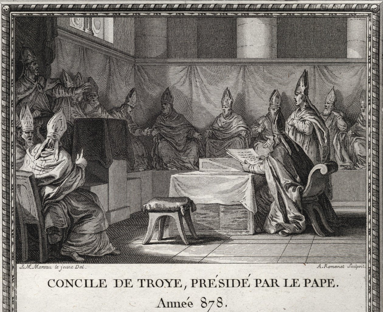 Conselho de Troye em 7 de Setembro de 878. Em maio de 878, o Papa João VIII ameaçado por sarracenos e nobres italianos, veio refugiar-se em Arles sob o comando do Duque Boson e de sua esposa Ermengarde. Ele o acompanha em Troyes ou está organizando um gran de Unknown artist