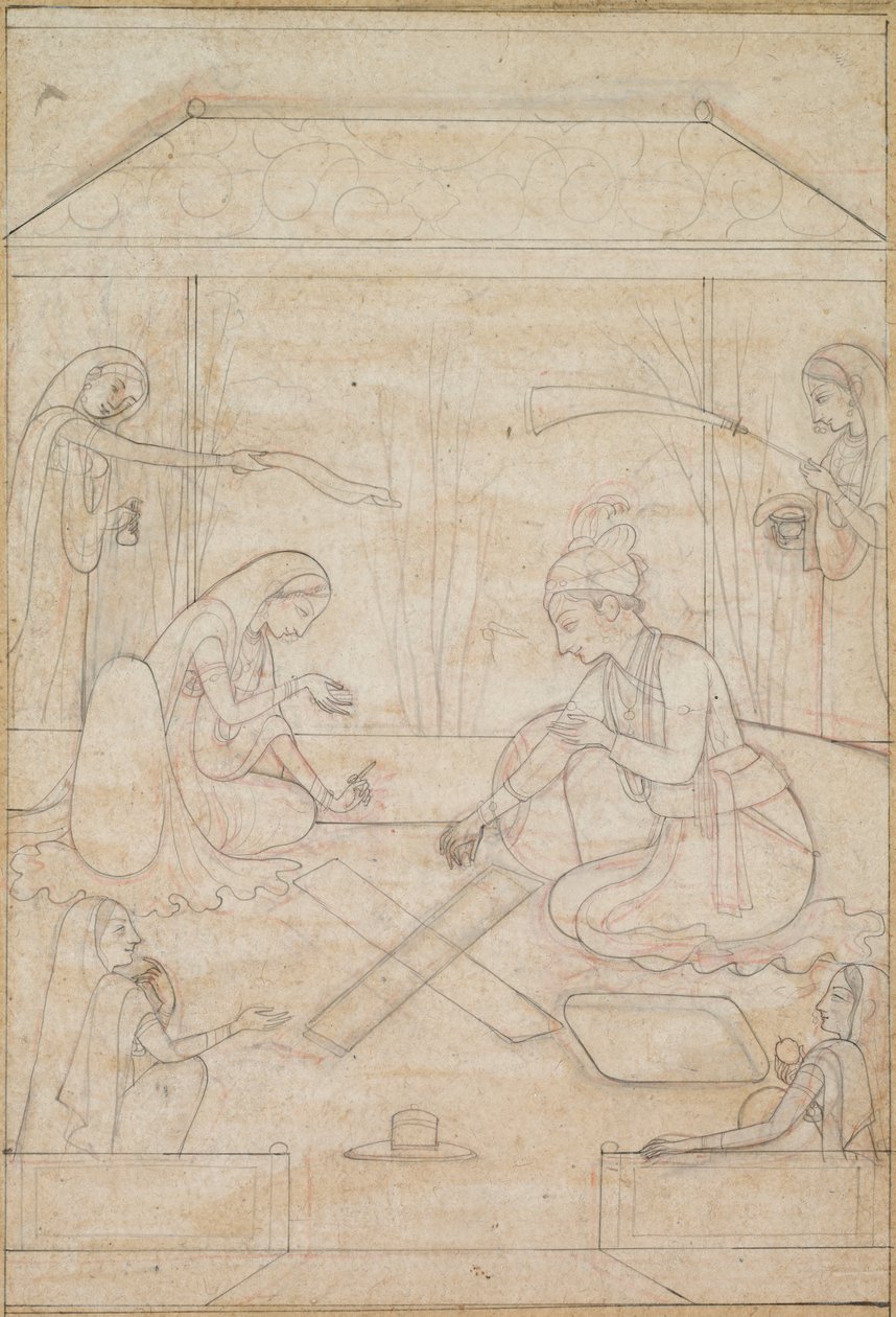 Casal jogando Chaupar em um terraço de Unknown artist